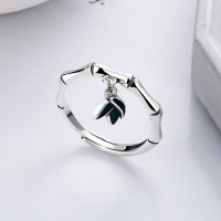 wholesale S925 Sterling Silver Bamboonode Resin Small Leaf Ring, Fresh and Sweet Pastoral Style Design Index Finger Ring for Women-804JF/approx. 2.5g Adjustable opening