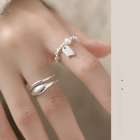 wholesale S925 Silver Double-Layer Line Ring with Lucky Pearl and Crushed Silver, Ins Simple and Gentle Elegant Jewelry R00613-S925 silver pearl silver ring Adjustable opening