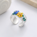 wholesale 990 Sterling Silver Wide Epoxy Resin Enamel Blooming Apricot Flower Open Ring Art Palace Style Index Finger Ring-0-0