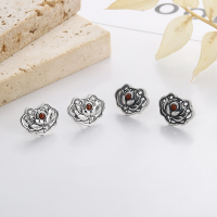 wholesale S925 Sterling Silver Hollow Filigree Lotus Inlaid with Southern Red Agate Ear Studs Retro Ethnic Style Earrings for Women-216FR/matt about 2g 925 silver