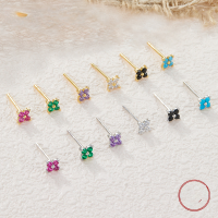 wholesale S925 Silver European and American Cross-Border Trade Pure Silver Flower Earrings with Zirconia, High-End Square Earrings, Colored Diamond Earrings-Gold-Sapphire Diamond>925