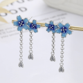 wholesale S925 Sterling Silver Exquisite Craftsmanship Blue Enamel Blue Flower Tassel Ear Studs, Artistic Vintage Ethnic Style Earrings for Women-0-0