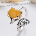 wholesale S925 Sterling Silver Fox Amber Cabochon Ring High-End Textured Band Nine-Tailed Fox Index Finger Ring Live Streaming Hit-0-0