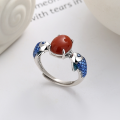 wholesale S925 Sterling Silver Antique Style Resin Enamel Koi Fish Ring Setting with Double Fish Grabbing Pearl Inlaid Southern Red Agate Openable Ring-0-0
