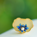 wholesale 925 Silver with Certificate Antique Gold Inlaid Hetian Jade Adjustable Open Ring Cold Enamel Lotus Gemstone Women's Ring-0-0