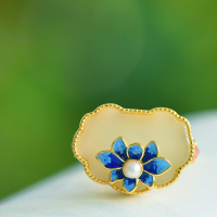wholesale 925 Silver with Certificate Antique Gold Inlaid Hetian Jade Adjustable Open Ring Cold Enamel Lotus Gemstone Women's Ring-Gold model Adjustable opening