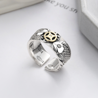 wholesale S925 Sterling Silver Wide Open-Ended Ring with Retro Chinese Style, Yun Chao Xuan's Unique Auspicious Fish Design for Wealth and Luck-YJ881Y/approx. 7.8g Adjustable opening