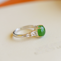 wholesale 925 Sterling Silver With Certificate Egg Noodle Jasper Ring, Retro Chinese Style Bamboo Leaf Adjustable Opening Green Jade Women's Ring-0-5