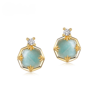wholesale 925 Silver Metal Material, Japanese and Korean New Light Luxury Style Amazonite Stud Earrings, Small Retro Fashionable White Crystal Earrings for Wholesale-10K gold + swimming paint  925 silver