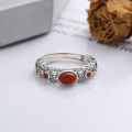 wholesale S925 Sterling Silver Vintage Style Floral Pattern Accented with Southern Red Agate Artistic Open-End Ring-0-1