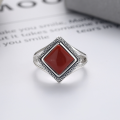 wholesale S925 Sterling Silver Retro Vintage Style Square Cut Red Agate Inlay Unique Design Fashion Niche Ring-0-1
