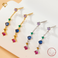 wholesale Metal: 925 Sterling Silver Cross-border hot-selling elegant and sophisticated earrings with colorful zirconia, long drop style, European and American luxury-inspired, Instagram style-0-0