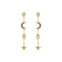 wholesale S925 Sterling Silver European Fashion Star Moon Chain Long Drop Fringe Earrings With Inlaid Zircons And Evil Eye-Gold#1 925 Silver