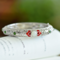 wholesale Sterling Silver with Certificate, Enamel Filigree Antique Auspicious Clouds Inlaid White Jade Ethnic Style Adjustable Bangle Bracelet-0-0