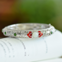 wholesale Sterling Silver with Certificate, Enamel Filigree Antique Auspicious Clouds Inlaid White Jade Ethnic Style Adjustable Bangle Bracelet-Silver 925 silver