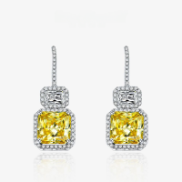 wholesale 925 Silver 5-carat Square CZ Earrings for Women, Full Diamond Luxury Style-Yellow【E-0148】 Main Stone 10*10