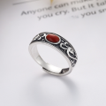 wholesale S925 Sterling Silver Retro Antique Craft with Pattern Accents and Southern Red Agate Ring, Personalized National Style Ring-0-1