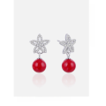wholesale Sterling Silver S925 Red Shell Pearl and Zircon Earrings for Women, Creative and Unique Ear Studs, Korean-style Sweet Ear Accessories-0-0
