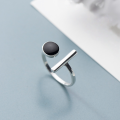 wholesale S925 silver ring women's straight bar 3D rectangular black round open J3818-0-0