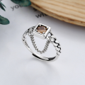 wholesale S925 Sterling Silver Retro Fashion Minimalist Design Chain Square Zirconia Open Ring-0-1