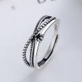wholesale S925 Silver Korean-style Vintage Distressed Cross-wrapped Black Zircon Adjustable Open Ring for Women-0-1