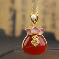 wholesale Sterling Silver Certified Red Agate Lucky Charm Pendant with Chalcedony, Ancient-Style Enamel Lotus Esoteric Wealth-Attracting Jewelry Birthday Gift-0-2