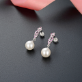wholesale S925 Sterling Silver Korean-style Silver Needle Earrings with Pink Zirconia, Pearl, and Diamond Long Drop Fashionable Elegant Earrings for Women-0-0
