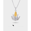 wholesale S925 Silver Fashion Retro Style Collarbone Chain, Japanese and Korean Version Zircon Necklace with Lotus Oil-Dripping Boho Pendant for Women-0-0