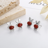 wholesale S925 Sterling Silver Zodiac Year of the Rabbit Earrings with Red Agate, Fresh and Sweet Lovely Earrings-218FR // Matte Approx. 2.2g 925 Silver