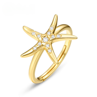 wholesale 10K Gold Plated 925 Silver Summer New Starfish White Zircon Ring Women Japanese Marine Resort Style Star Ring-White zirconium Opening adjustable