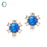wholesale 925 Silver Plated Gold Japanese Light Luxury Retro Opal Flower Geometric Zircon Earrings Wholesale-Synthetic Opal 925 Silver