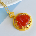 wholesale 925 silver gold-plated pendant with certified red jade laughing Buddha, inlaid with agate and chalcedony, women's Maitreya hanging piece-0-1