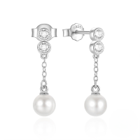 wholesale S925 Sterling Silver Zircon-accented Chain Tassel Pearl Earrings-Platinum 925 silver