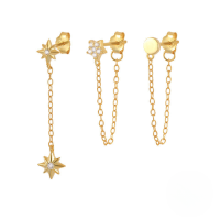 wholesale S925 Sterling Silver Three-in-one Set Of Stackable Star Earrings With Zircon Accents And Drop Ear Threads,ins。-Gold