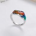 wholesale S925 Sterling Silver Retro Matte Craft Resin Enamel Lotus Koi Design Adjustable Ring-0-0