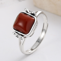 wholesale S925 Sterling Silver Square Flower Pattern with Southern Red Agate Ring, Retro Ethnic Style-0-2
