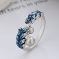 wholesale S925 Sterling Silver Korean-style Forest-themed Leaf and Wheat Spike Small Bead Pendant Creative Open Ring-0-1