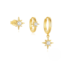 wholesale S925 Sterling Silver Zircon-inlaid Geometric Earring Set, Enamel Octagram Ear Cuffs-3-piece set - Gold#2 925 silver