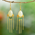 wholesale 925 Silver Gold-Plated Enamel Butterfly Tassel with Waterdrop Hetian Jade Earrings for Hanfu Chinese Retro Style-0-0