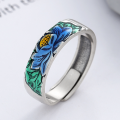 wholesale S925 sterling silver vintage enamel resin lotus matte ethnic antique-style open ring-0-1