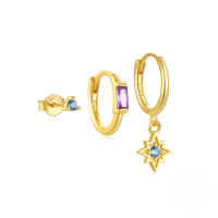 wholesale S925 Sterling Silver Evil Eye Octagram Moon Zircon-encrusted Hoop Earring Set With Classic European Pearls-3-piece set - Gold#4&gt;925 silver