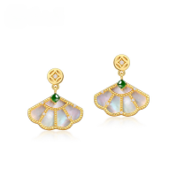 wholesale Original design new Chinese style jade fan earrings, S925 sterling silver inlaid with white shell, national trend style, manufacturer wholesale-10K gold + swimming paint  925 silver