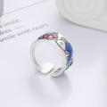 wholesale S925 Sterling Silver Retro Vintage Matte Craft Resin Enamel Lotus Koi Fish Double Fish Adjustable Ring-0-2