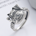 wholesale S925 Sterling Silver Retro Matte Antique Craft Fortune Cat Holding a Banana Leaf Fan Style Adjustable Ring-0-1