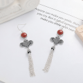 wholesale S925 Sterling Silver Retro Ethnic Style Auspicious Knot Tassel Drop Earrings with Southern Red Agate Studs-0-0