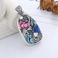 wholesale S990 Sterling Silver Retro Ethnic Style Epoxy Color Glaze Auspicious Clouds Waves Koi Carp Lotus Hollow-Out DIY Pendant-153PW/single pendant about 23g