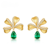 wholesale S925 Sterling Silver Gold-Plated, Italian Crafted Cultivated Emerald Stud Earrings with Luxe Bow Twist Brushed Finish-Cultured Emerald 925 Silver
