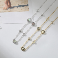 wholesale Stainless steel silver four-leaf clover necklace with zirconia, fade-resistant, minimalist, luxurious, small design, delicate collarbone chain-Natural black shell + 5A round white zirconium platinum 40+5cm 3.05g>925 silver