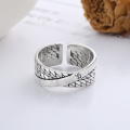wholesale S925 Sterling Silver Retro Antique Braided Cross Ancient Script Six-Character Mantra Trendy Adjustable Ring-0-1