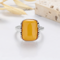 wholesale S925 Sterling Silver Vintage Weathered Amber Stone Square Sugar Retro Imperial Palace Style Elegant Design Adjustable Ring-0-3